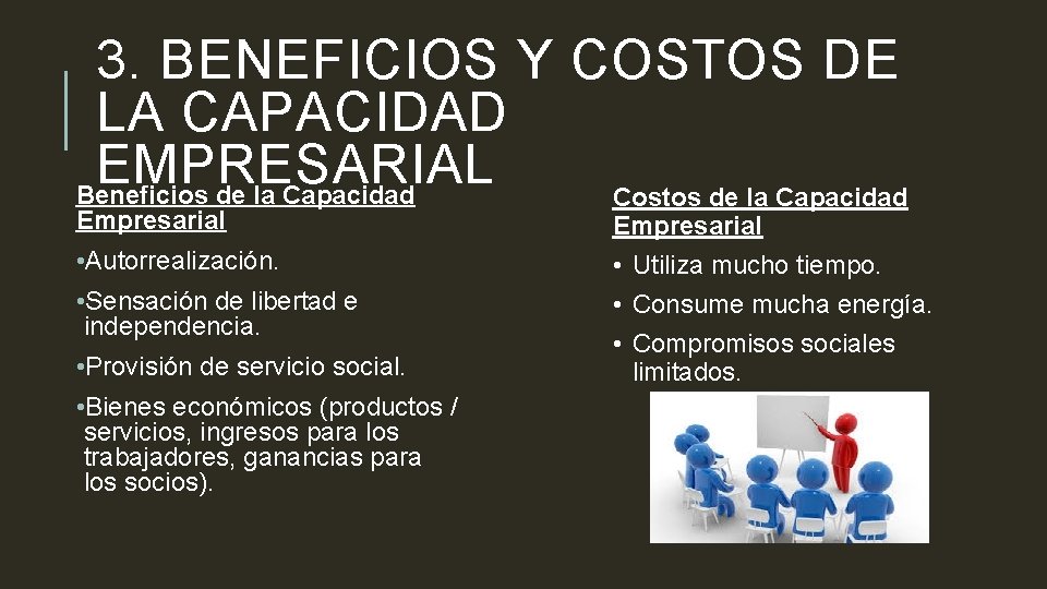 3. BENEFICIOS Y COSTOS DE LA CAPACIDAD EMPRESARIAL Beneficios de la Capacidad Costos de