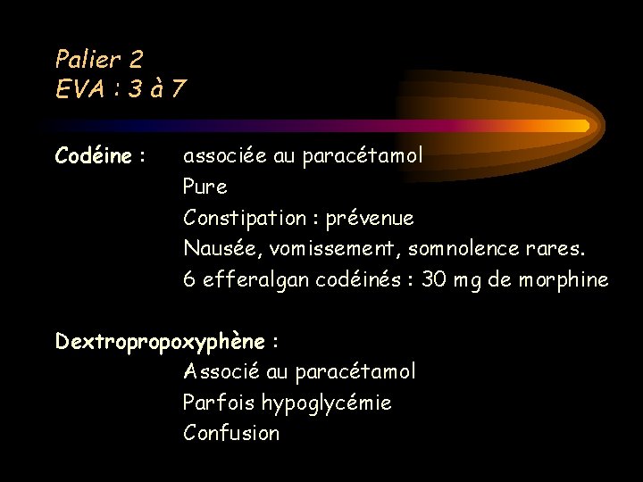 Palier 2 EVA : 3 à 7 Codéine : associée au paracétamol Pure Constipation