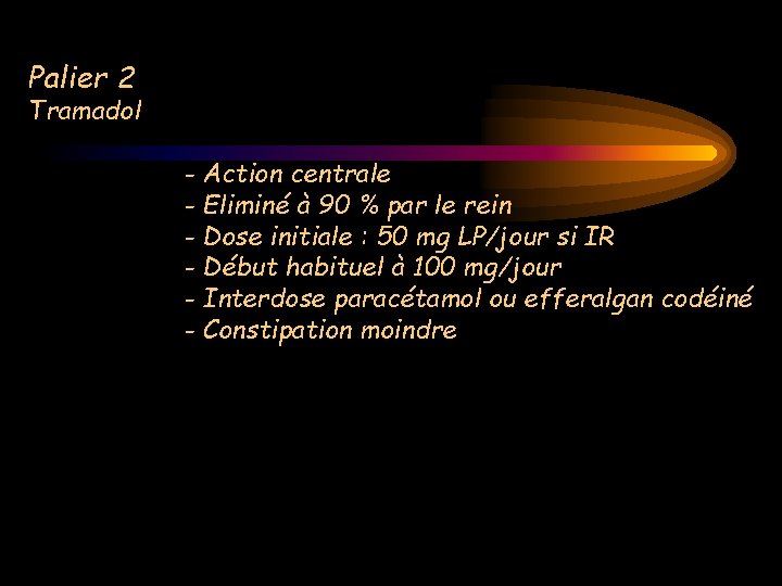 Palier 2 Tramadol - Action centrale - Eliminé à 90 % par le rein