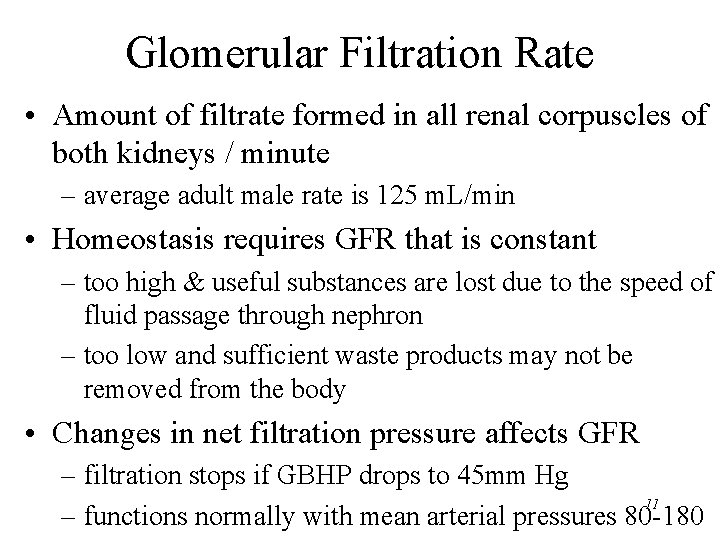 Glomerular Filtration Rate • Amount of filtrate formed in all renal corpuscles of both Glomerular Filtration Rate • Amount of filtrate formed in all renal corpuscles of both