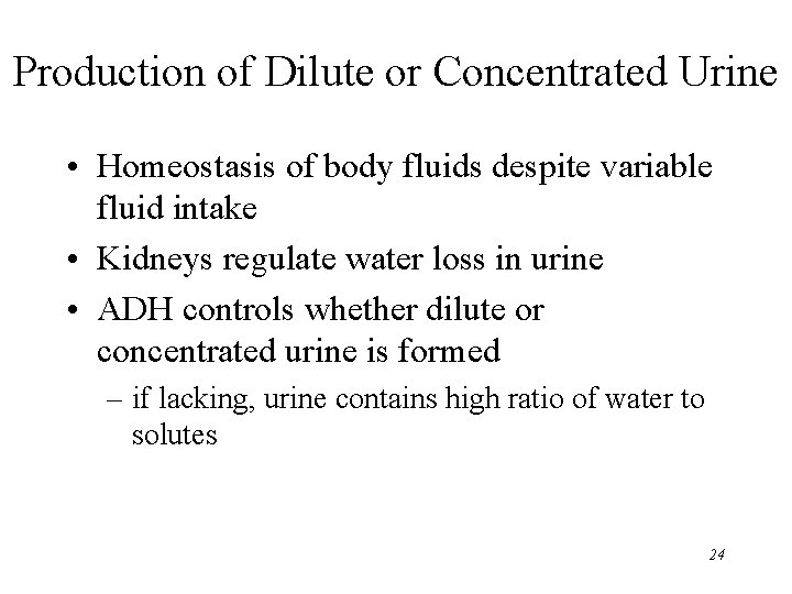 Production of Dilute or Concentrated Urine • Homeostasis of body fluids despite variable fluid Production of Dilute or Concentrated Urine • Homeostasis of body fluids despite variable fluid