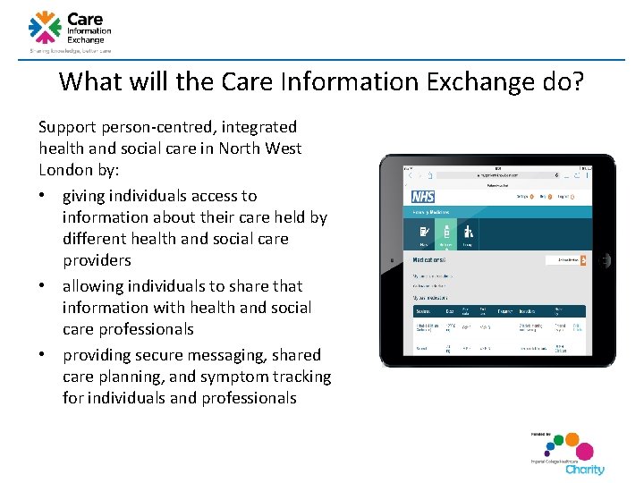 What will the Care Information Exchange do? Support person-centred, integrated health and social care What will the Care Information Exchange do? Support person-centred, integrated health and social care