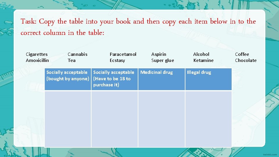 Task: Copy the table into your book and then copy each item below in