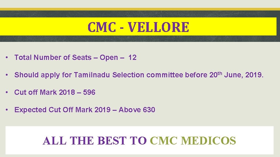 CMC - VELLORE • Total Number of Seats – Open – 12 • Should