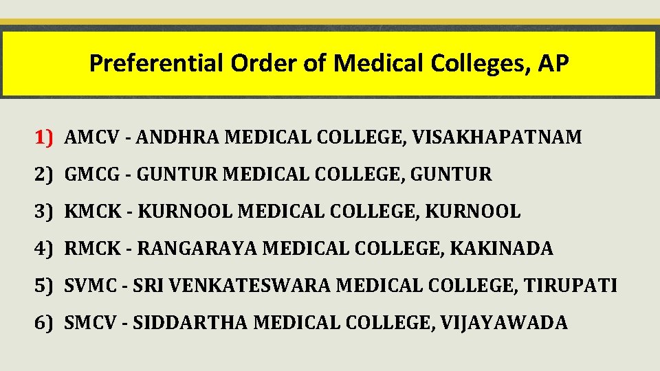 Preferential Order of Medical Colleges, AP 1) AMCV - ANDHRA MEDICAL COLLEGE, VISAKHAPATNAM 2)