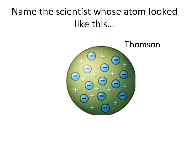 Name the scientist whose atom looked like this… Thomson Name the scientist whose atom looked like this… Thomson