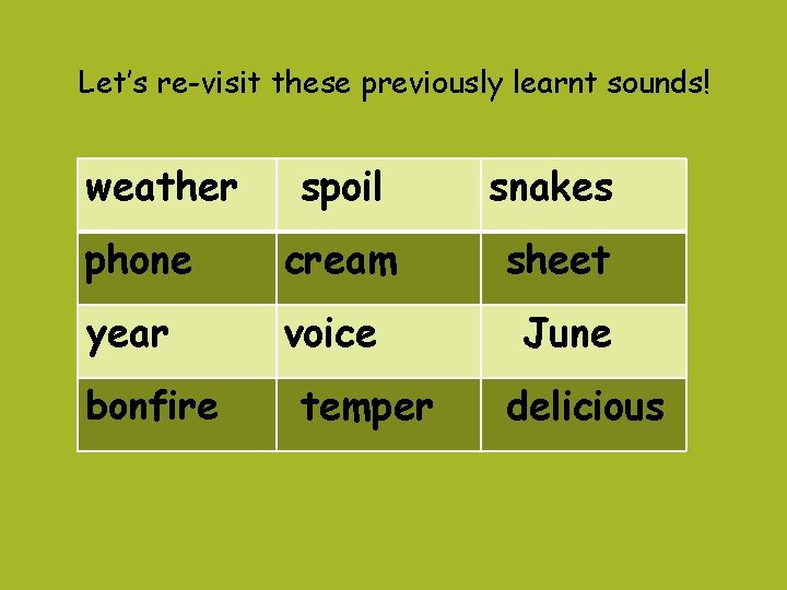 Let’s re-visit these previously learnt sounds! weather spoil snakes phone cream sheet year voice