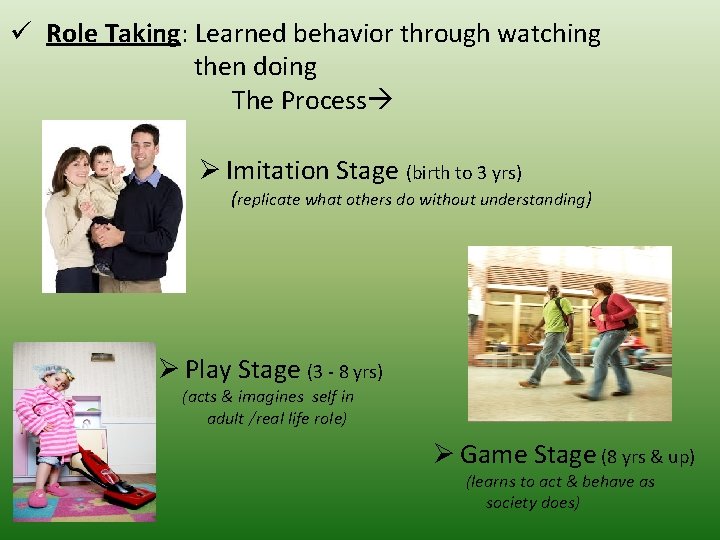 ü Role Taking: Learned behavior through watching then doing The Process Ø Imitation Stage