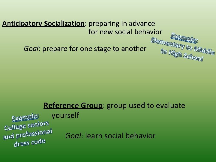 Anticipatory Socialization: preparing in advance for new social behavior Examp le Eleme ntary t