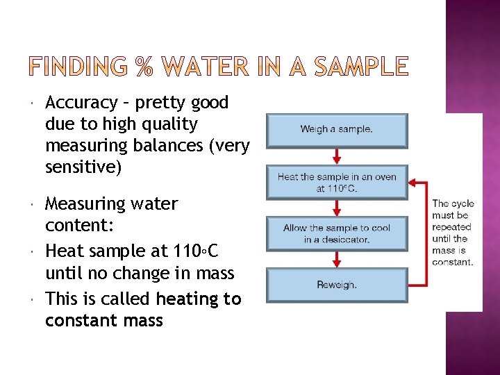  Accuracy – pretty good due to high quality measuring balances (very sensitive) Measuring