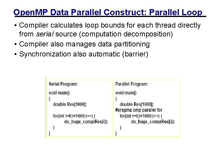 Open. MP Data Parallel Construct: Parallel Loop • Compiler calculates loop bounds for each