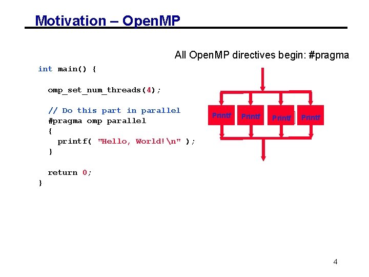 Motivation – Open. MP All Open. MP directives begin: #pragma int main() { omp_set_num_threads(4);