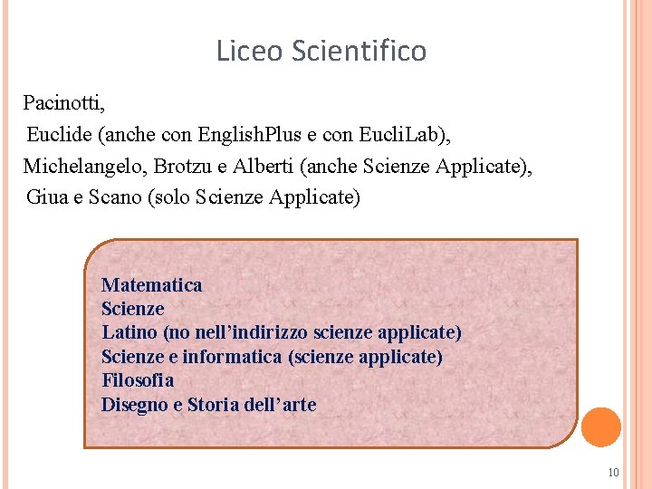 Liceo Scientifico Pacinotti, Euclide (anche con English. Plus e con Eucli. Lab), Michelangelo, Brotzu