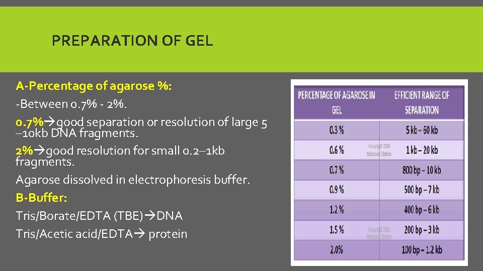 PREPARATION OF GEL A-Percentage of agarose %: -Between 0. 7% - 2%. 0. 7%