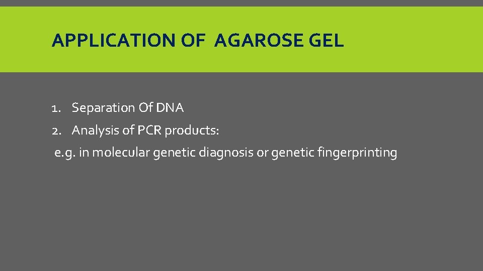 APPLICATION OF AGAROSE GEL 1. Separation Of DNA 2. Analysis of PCR products: e.