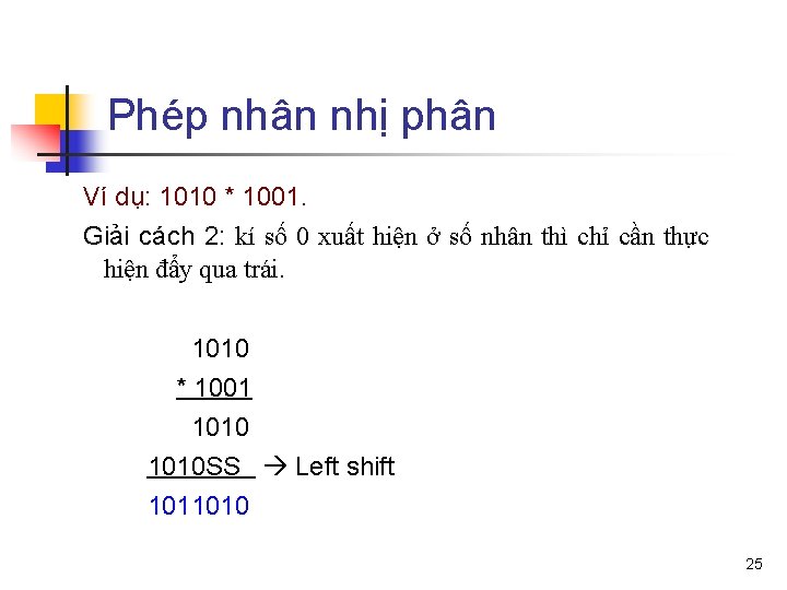 Phép nhân nhị phân Ví dụ: 1010 * 1001. Giải cách 2: kí số