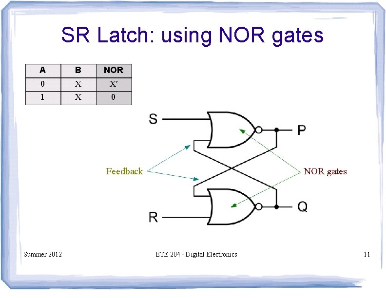 SR Latch: using NOR gates A B NOR 0 1 X X X' 0 SR Latch: using NOR gates A B NOR 0 1 X X X' 0