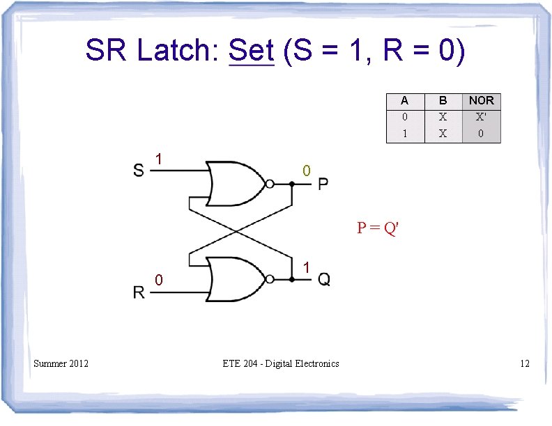 SR Latch: Set (S = 1, R = 0) A 0 1 1 B SR Latch: Set (S = 1, R = 0) A 0 1 1 B