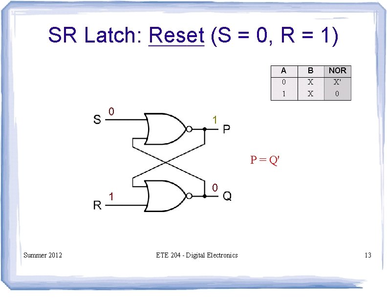 SR Latch: Reset (S = 0, R = 1) A 0 1 0 B SR Latch: Reset (S = 0, R = 1) A 0 1 0 B