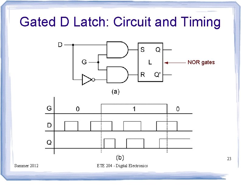 Gated D Latch: Circuit and Timing NOR gates 23 Summer 2012 ETE 204 - Gated D Latch: Circuit and Timing NOR gates 23 Summer 2012 ETE 204 -