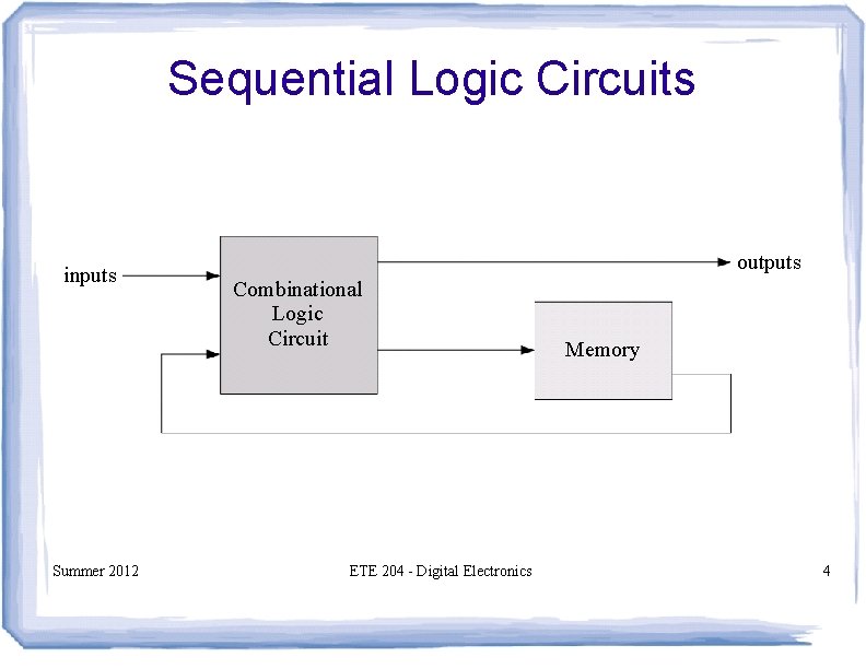 Sequential Logic Circuits inputs Summer 2012 outputs Combinational Logic Circuit ETE 204 - Digital Sequential Logic Circuits inputs Summer 2012 outputs Combinational Logic Circuit ETE 204 - Digital