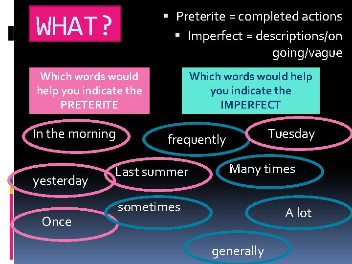  Preterite = completed actions Imperfect = descriptions/on going/vague WHAT? Which words would help