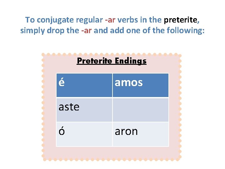 To conjugate regular -ar verbs in the preterite, simply drop the -ar and add