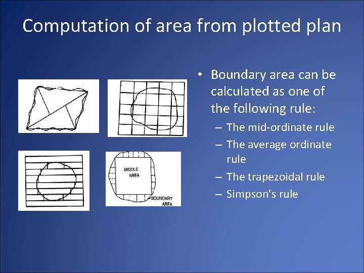 Computation of area from plotted plan • Boundary area can be calculated as one