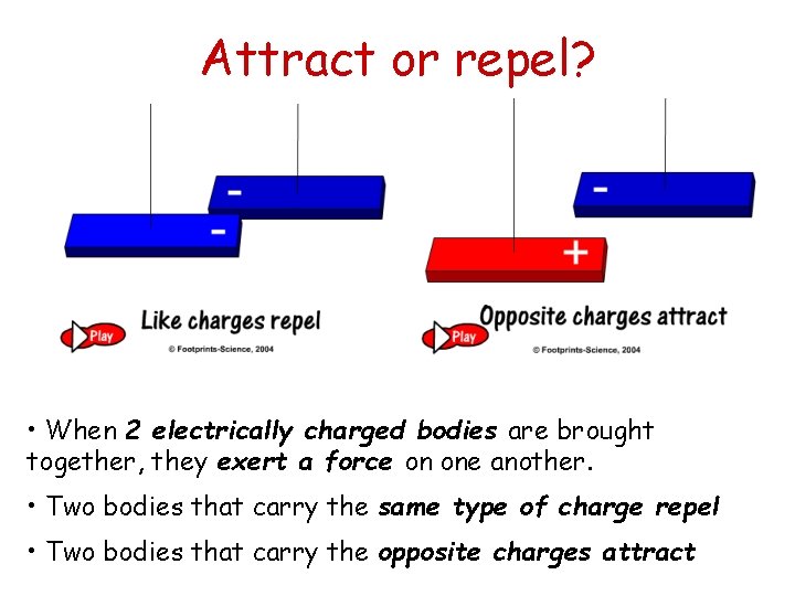 Attract or repel? • When 2 electrically charged bodies are brought together, they exert