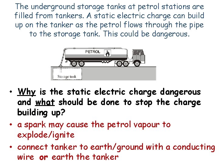 The underground storage tanks at petrol stations are filled from tankers. A static electric