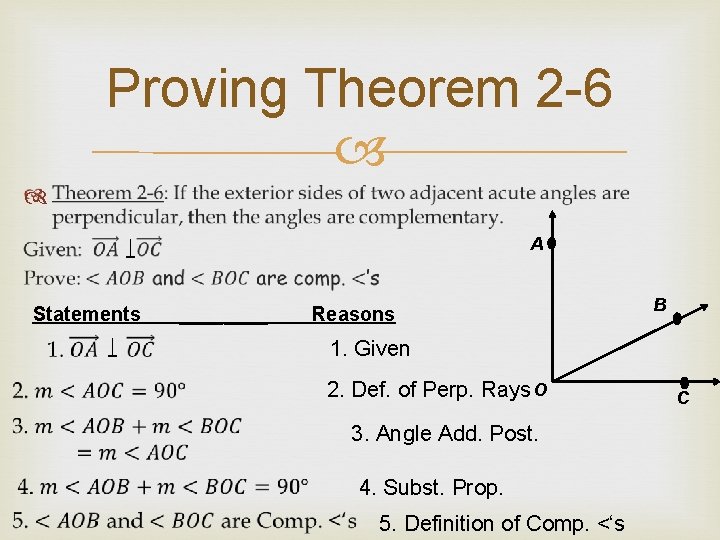 Proving Theorem 2 -6 A Statements ____ Reasons B 1. Given 2. Def. of