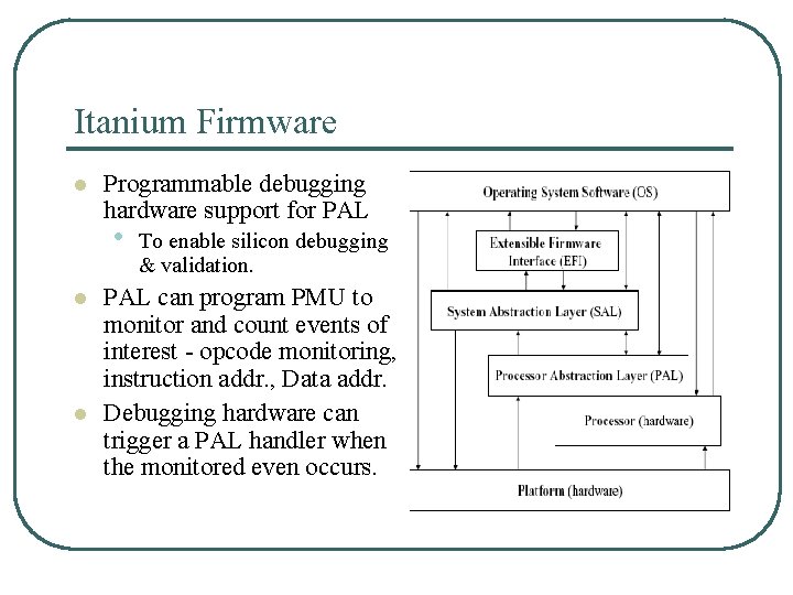 Itanium Firmware l Programmable debugging hardware support for PAL • l l To enable