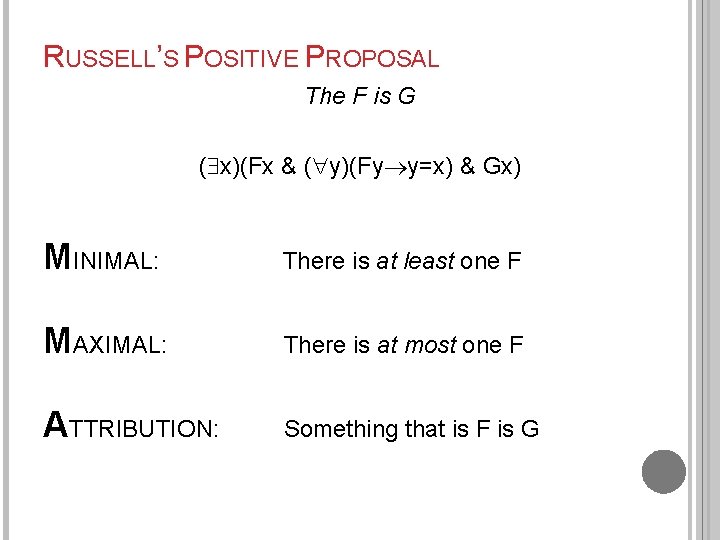 RUSSELL’S POSITIVE PROPOSAL The F is G ( x)(Fx & ( y)(Fy y=x) &