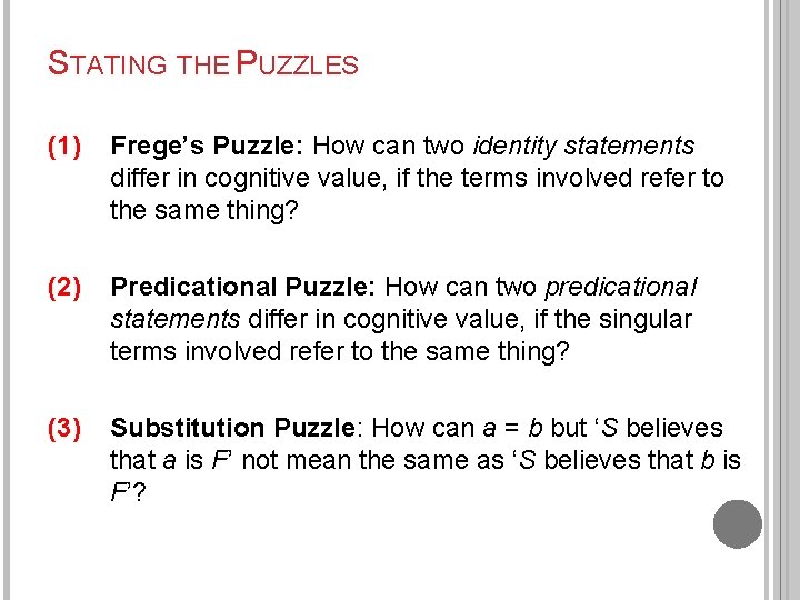 STATING THE PUZZLES (1) Frege’s Puzzle: How can two identity statements differ in cognitive