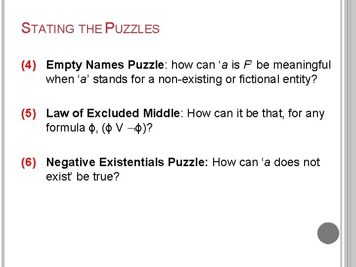 STATING THE PUZZLES (4) Empty Names Puzzle: how can ‘a is F’ be meaningful