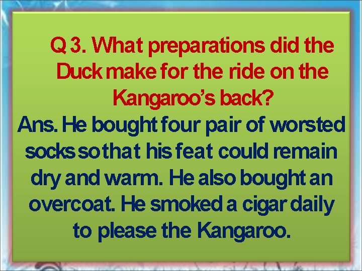 Q 3. What preparations did the Duck make for the ride on the Kangaroo’s