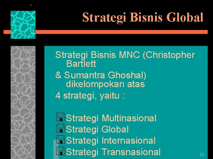 Strategi Bisnis Global Strategi Bisnis MNC (Christopher Bartlett & Sumantra Ghoshal) dikelompokan atas 4