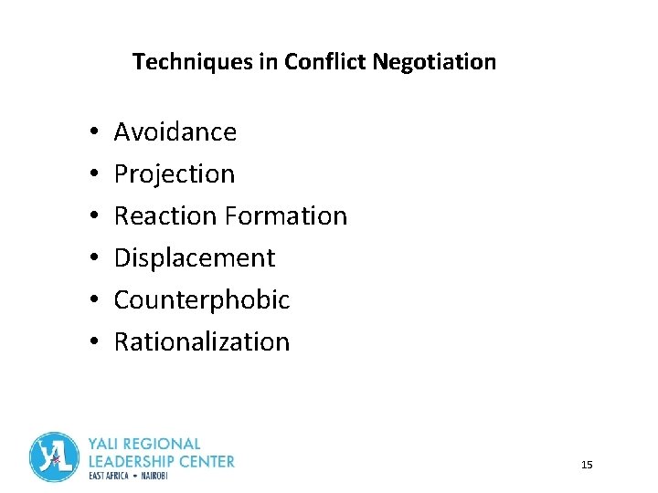 Techniques in Conflict Negotiation • • • Module 2 Avoidance Projection Reaction Formation Displacement