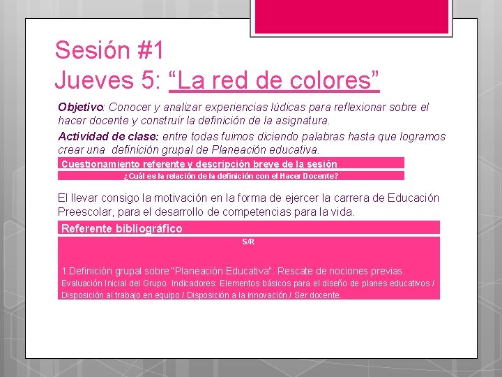 Sesión #1 Jueves 5: “La red de colores” Objetivo: Conocer y analizar experiencias lúdicas