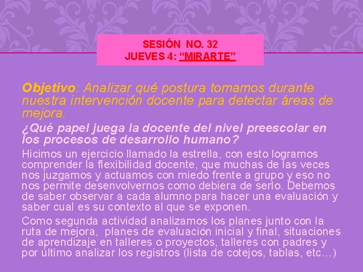 SESIÓN NO. 32 JUEVES 4: “MIRARTE” Objetivo: Analizar qué postura tomamos durante nuestra intervención