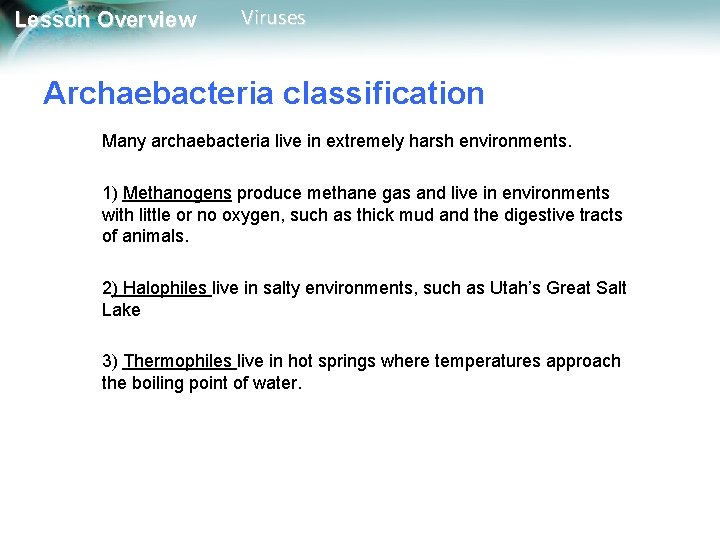 Lesson Overview Viruses Archaebacteria classification Many archaebacteria live in extremely harsh environments. 1) Methanogens Lesson Overview Viruses Archaebacteria classification Many archaebacteria live in extremely harsh environments. 1) Methanogens
