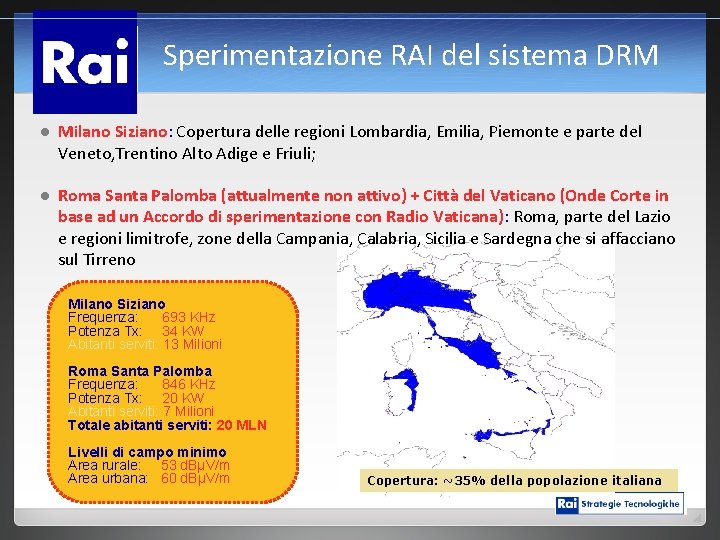 Sperimentazione RAI del sistema DRM l Milano Siziano: Copertura delle regioni Lombardia, Emilia, Piemonte