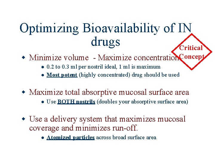 Optimizing Bioavailability of IN drugs Critical w Minimize volume - Maximize concentration. Concept l