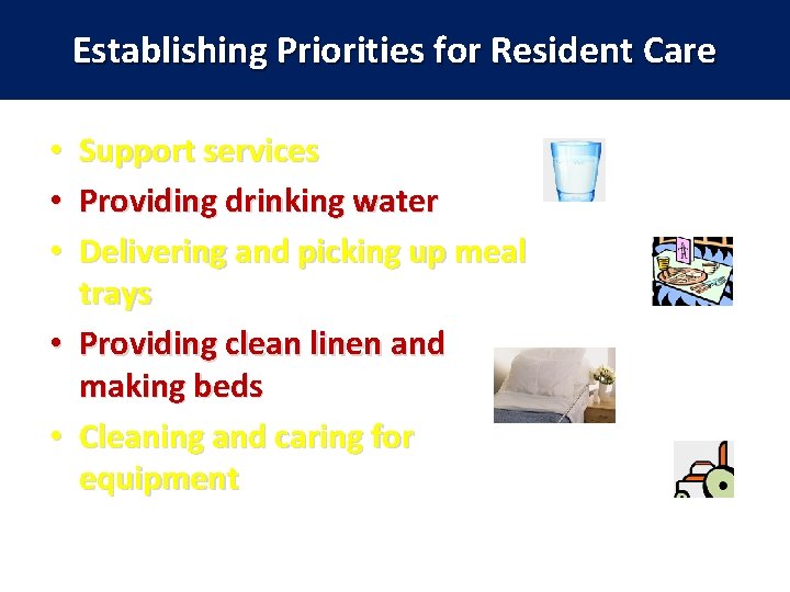 Establishing Priorities for Resident Care • • • 1. 02 Support services Providing drinking