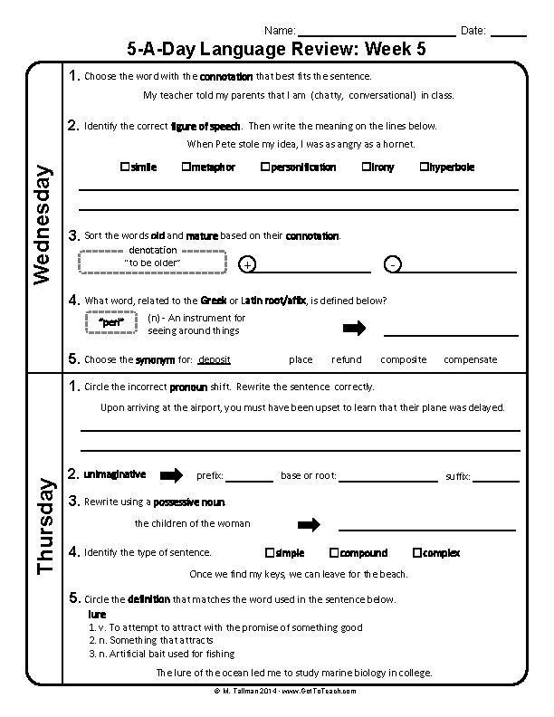 Name: Date: 5 -A-Day Language Review: Week 5 1. Choose the word with the