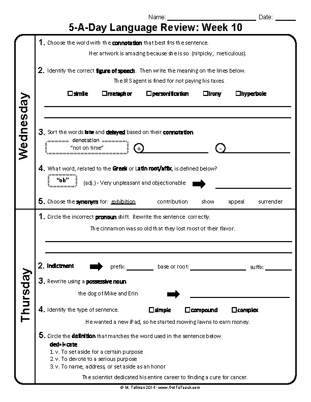 Name: Date: 5 -A-Day Language Review: Week 10 1. Choose the word with the