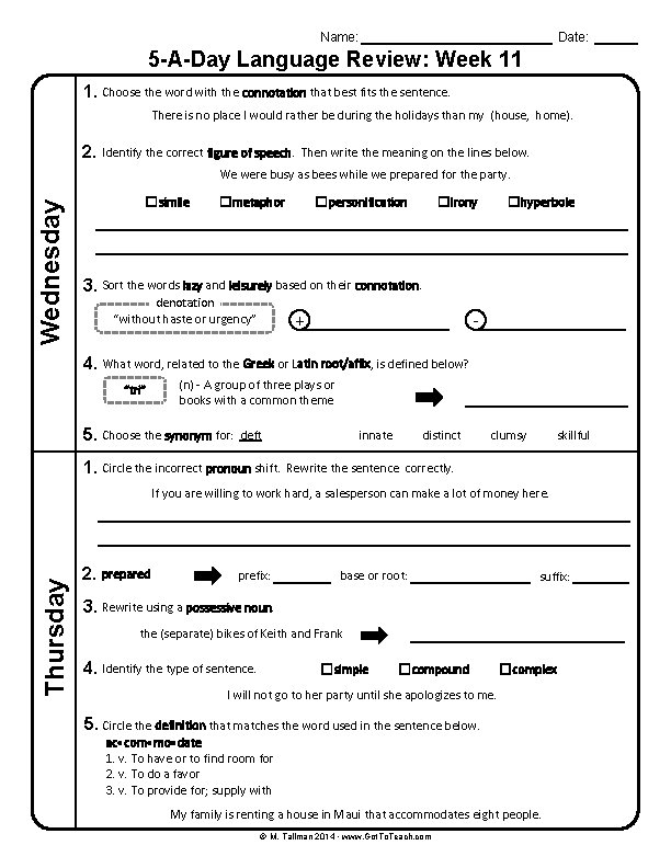 Name: Date: 5 -A-Day Language Review: Week 11 1. Choose the word with the