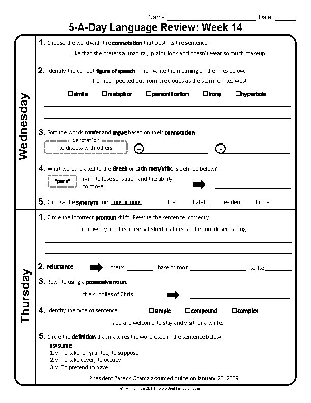 Name: Date: 5 -A-Day Language Review: Week 14 1. Choose the word with the