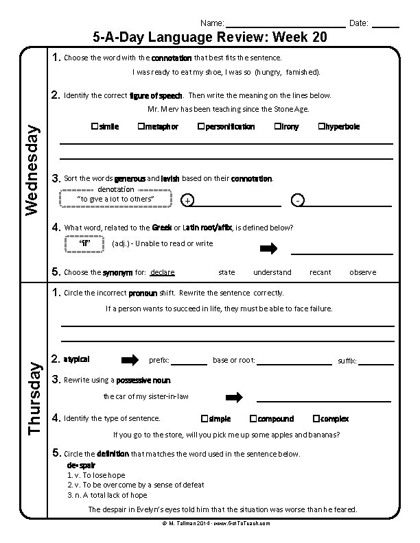 Name: Date: 5 -A-Day Language Review: Week 20 1. Choose the word with the