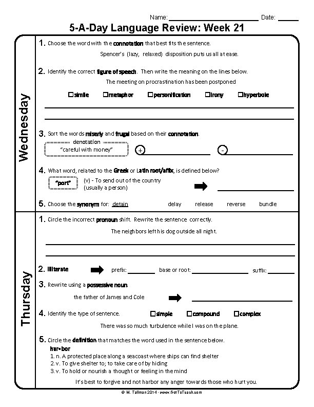 Name: Date: 5 -A-Day Language Review: Week 21 1. Choose the word with the
